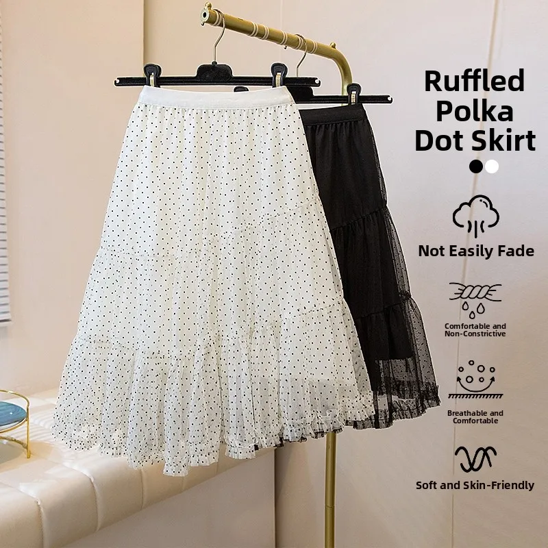 

Sweet Polka Dot Cake Skirt Midi Half-length Breathable Skin-friendly Frock for Ladies Comfortable Mid-waist Elastic Waist
