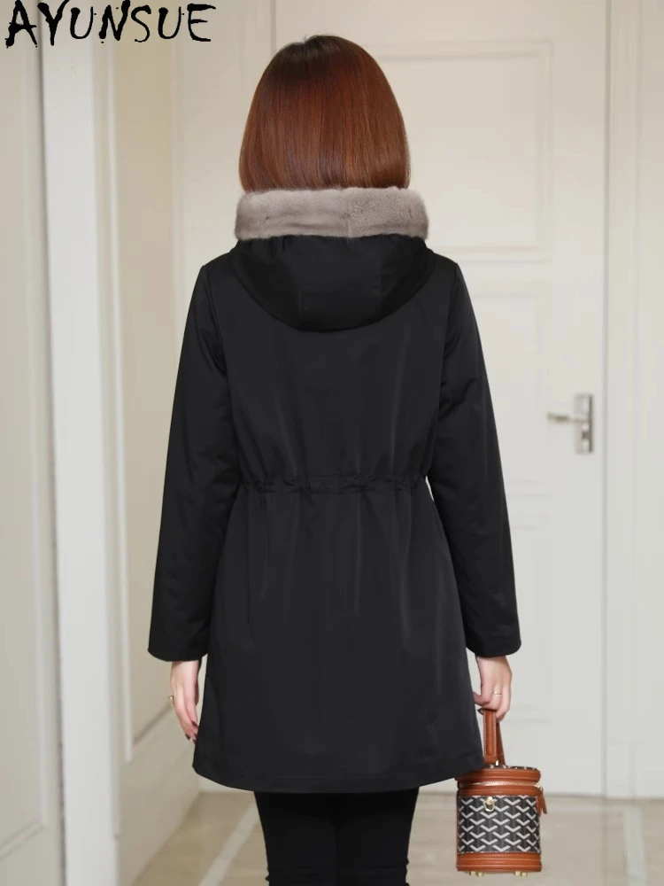 AYUNSUE ラビットファーコート レディース ミンクファー襟 冬服 ミドル丈 本物の毛皮パーカー 女性用コート パルトォ ジェンソーレ 取り外し可能な裏地