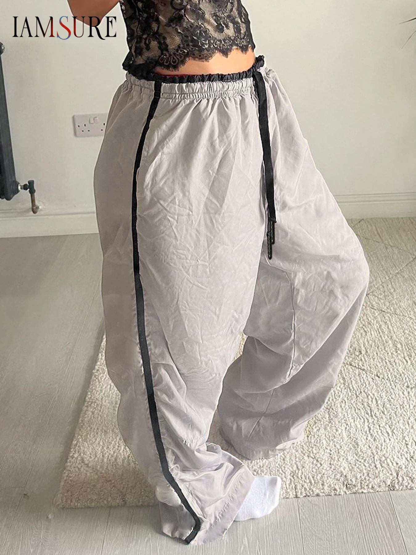 

IAMSURE Casual Striped Patchwork Wide Leg Pants Loose Bandage Low-Waisted Pants Women 2025 Autumn Spring Fashion Streetwear Lady