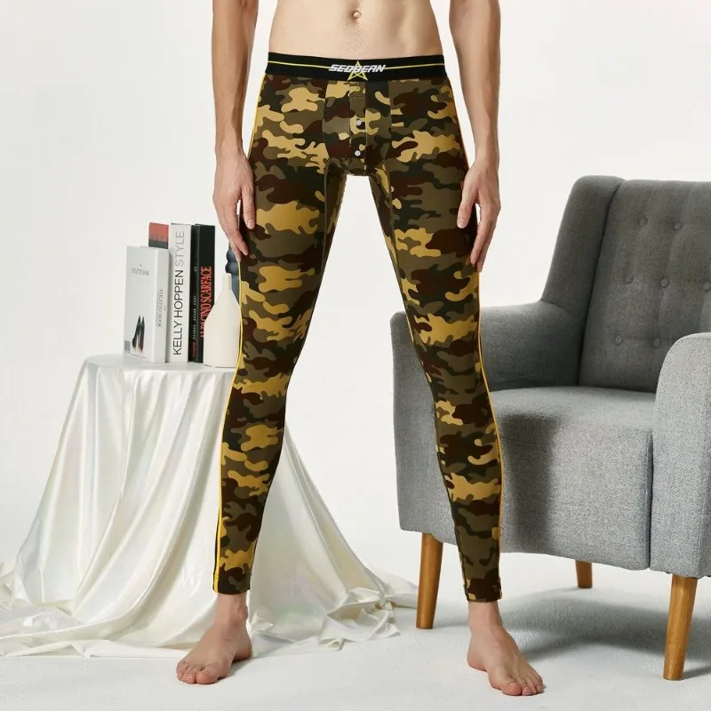 Men Camouflage Print Long Johns Front Button Opening Elastic Waist Thermal Underwear Bottoms Male Warm Base Layer Bottom Pants