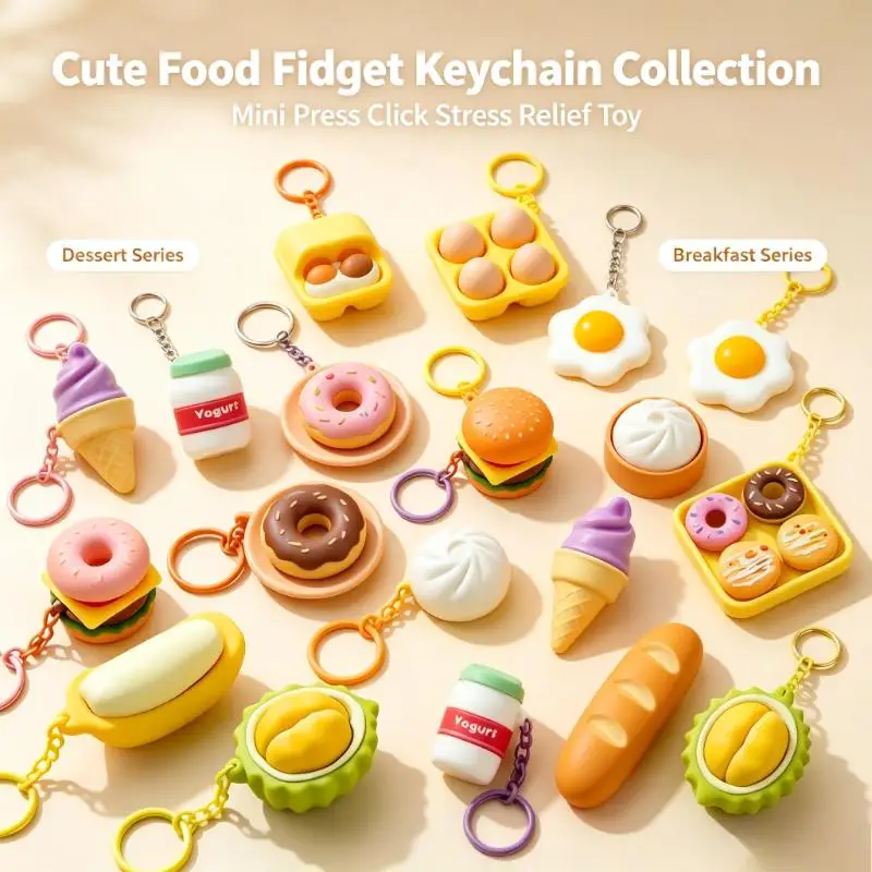 Cute Simulation Food Fidget Clicker Keychain Mini Press Pop Up Fidget Toy Portable Stress Relief Sensory Toy Gift For Kids Teens