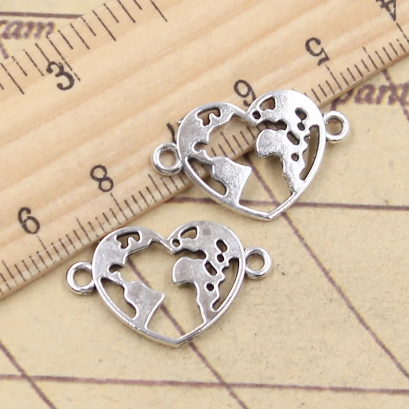 20pcs Charms Heart Earth Map Link 15x24mm Tibetan Silver Color Pendants Antique Jewelry Making DIY Handmade Craft