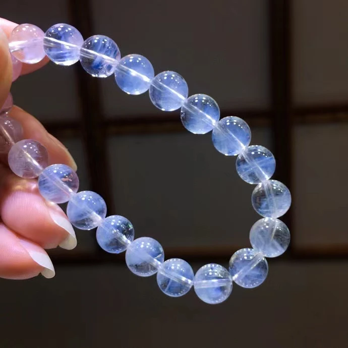 

Natural Blue Feather Needle Rutilated Quartz Crystal Bracelet 9.2mm Angel Clear Round Beads Pyramid Women Men Stretch AAAAAA