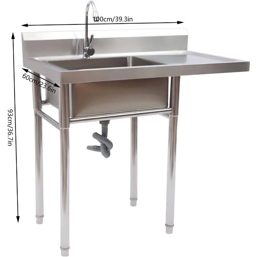 業務用厨房向け自立式シングルボウルシンク（蛇口と水切り板付き、1コンパートメント、ユーティリティ洗浄用）