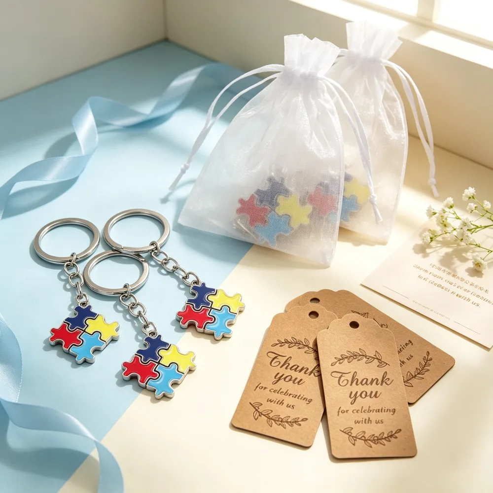 5 Ensembles de Porte-clés Puzzle Sensibilisation Autisme avec Sac en Organza et Étiquettes – Cadeaux Souvenirs pour Activités Caritatives, Volontariat, Écoles et Communautés