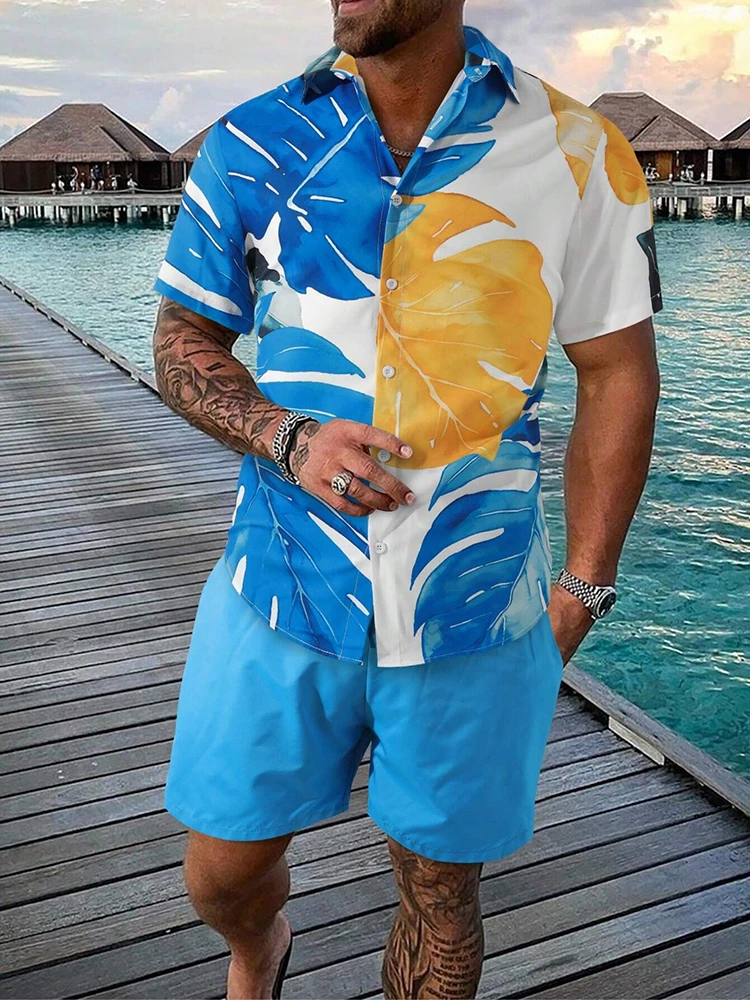 2024 New Men\'s Hawaiian Short Sleeve Shirt And Beach Shorts Set Beach Party Trendy Men\'s Casual Shirt Summer Men\'s Sports Shorts