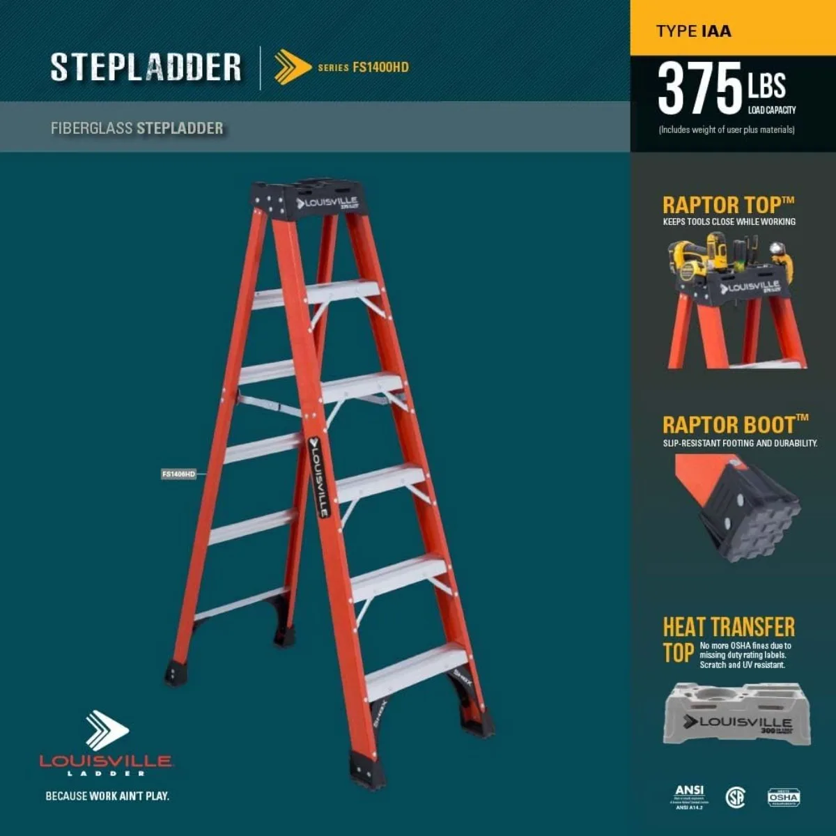 Heavy-Duty 8-Foot Fiberglass Ladder, 375-Lb Capacity, Model IAA, for Professional Electricians and Construction
