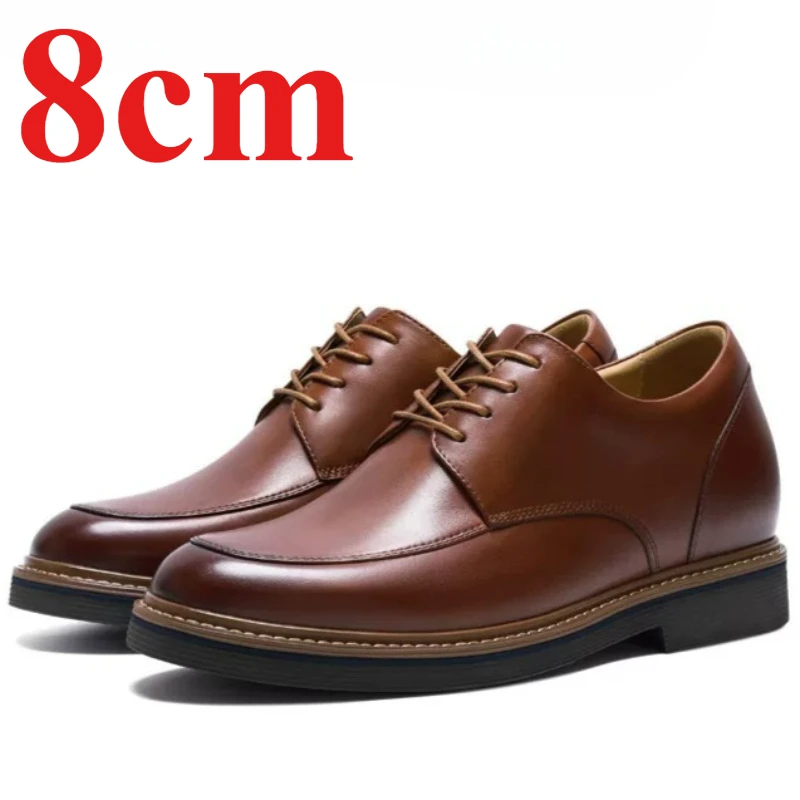 Invisible Height Increasing Shoes 8cm Elevator Shoes Men's Dress Shoes Man Brown Genuine Leather Business Office Wedding Shoe