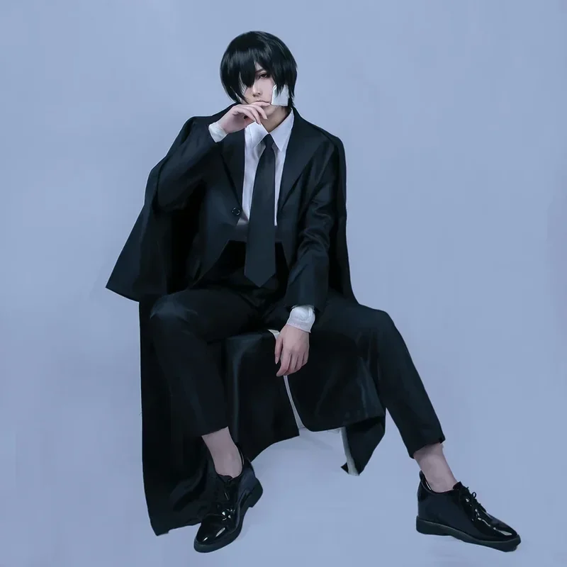 QQ8 аниме Бунго Бродячие собаки Дазай Осаму костюмы для косплея мужские черные униформа пальто рубашка брюки костюм Хэллоуин карнавал ролевая игра 5Lk¥