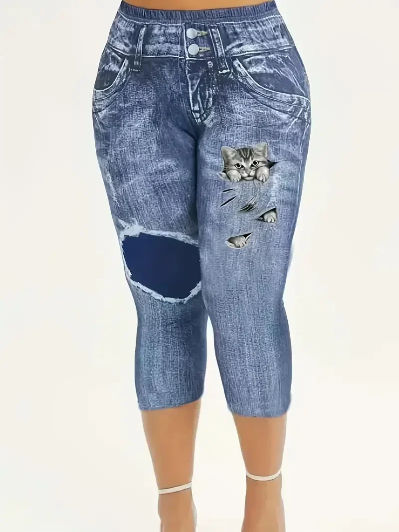 

Plus Size 1XL-8XL Women's Autumn Fashion Tight Cropped Pants with Cat Print Imitation Denim Casual Mid Rise Versatile Leggings