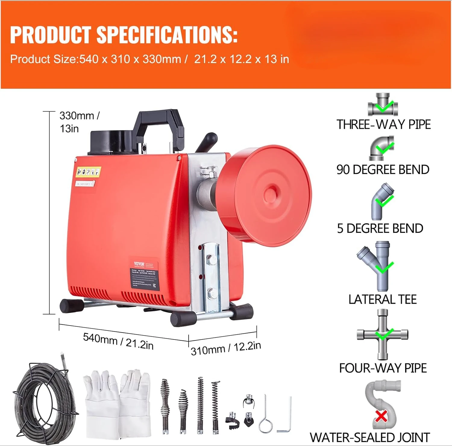 66FT x 5/8 Inch Drain Cleaner Machine, 250W Electric Sewer Snake Auger Manual Feed - with 7 Cutters, 2 Steel Cables
