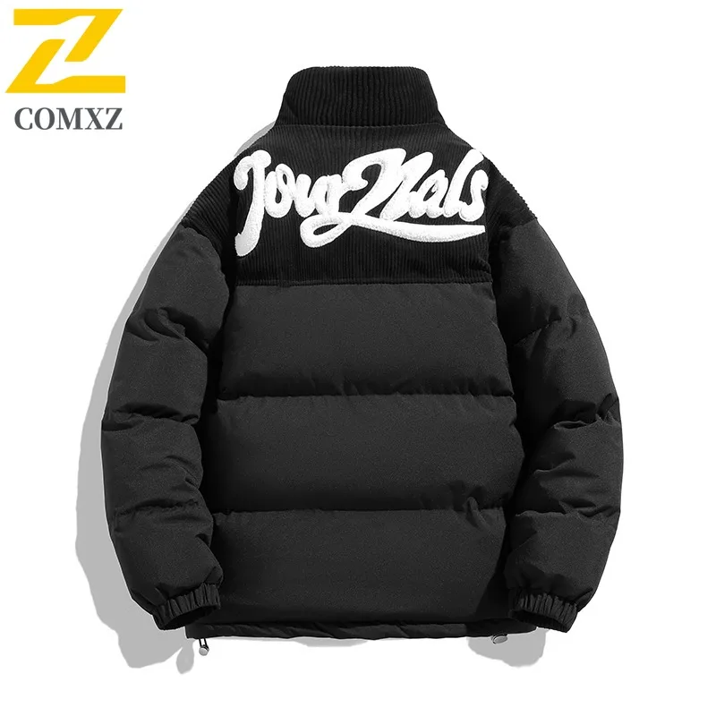 COMXZ 2025 Winter Fashion Stand Collar Loose Fit Color Block Cotton Jacket American style Windproof Warm Unisex Outdoor Coat