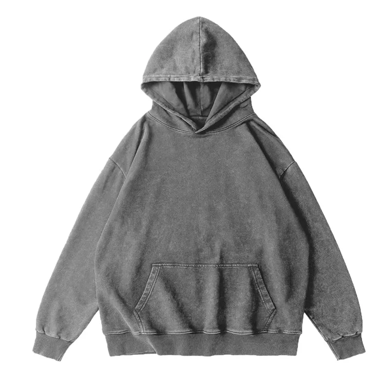 Men's Retro Washed Hoodies 100% Cotton Tops Black Acid Vintage Hooded Sweatshirts Oversize Hip Hop Male Pullover