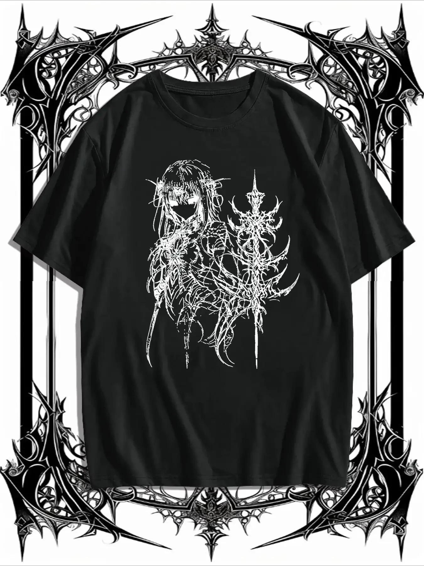 Latest Subcultural Anime Dark Line Draft Girl Thorn Pattern Printed Cotton Street Atmosphere Versatile T-shirt