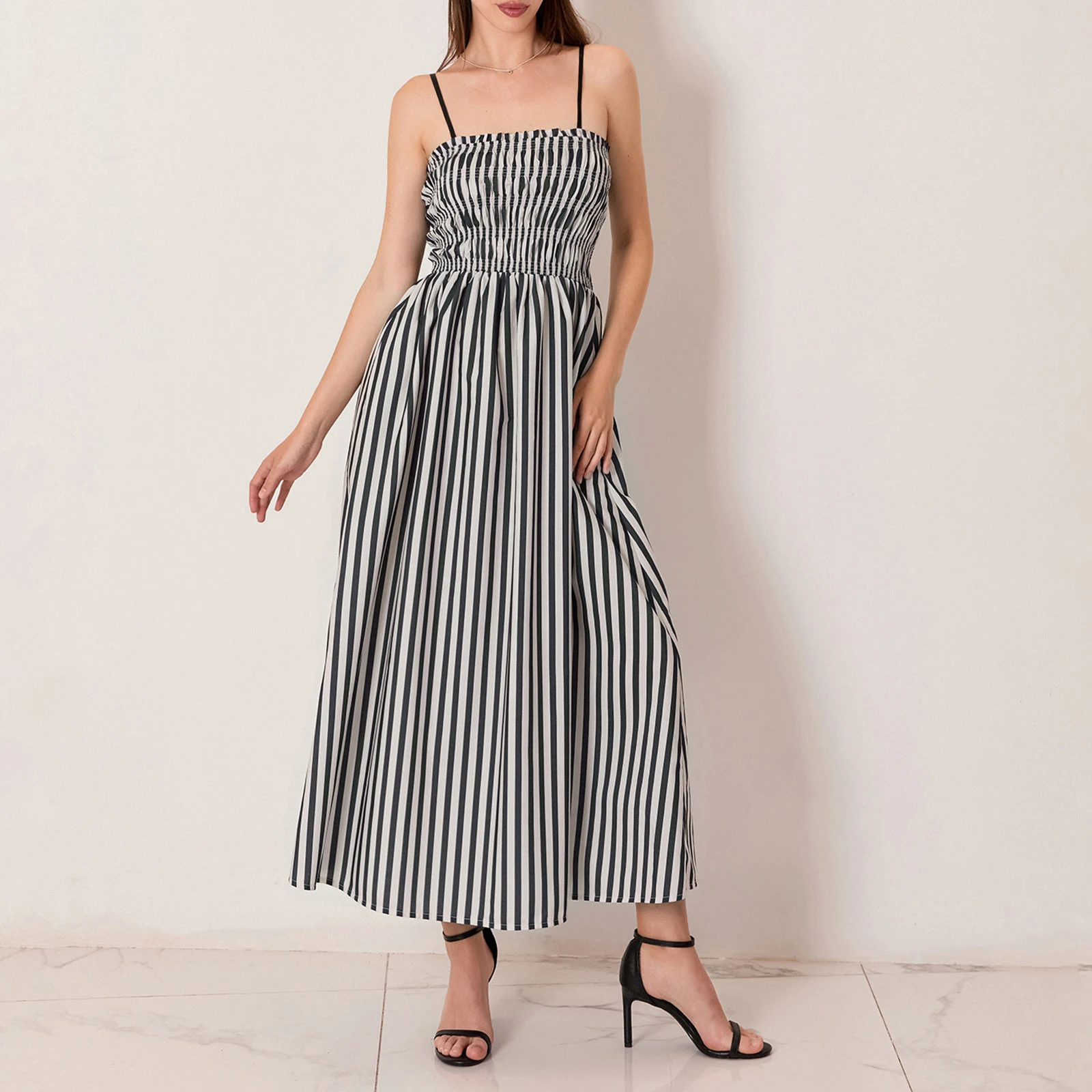 

Women Summer Slip Sleeveless Dress Vertical Stripe Print A-Line Party Dress for Vacation Cocktail Beach Streetwear