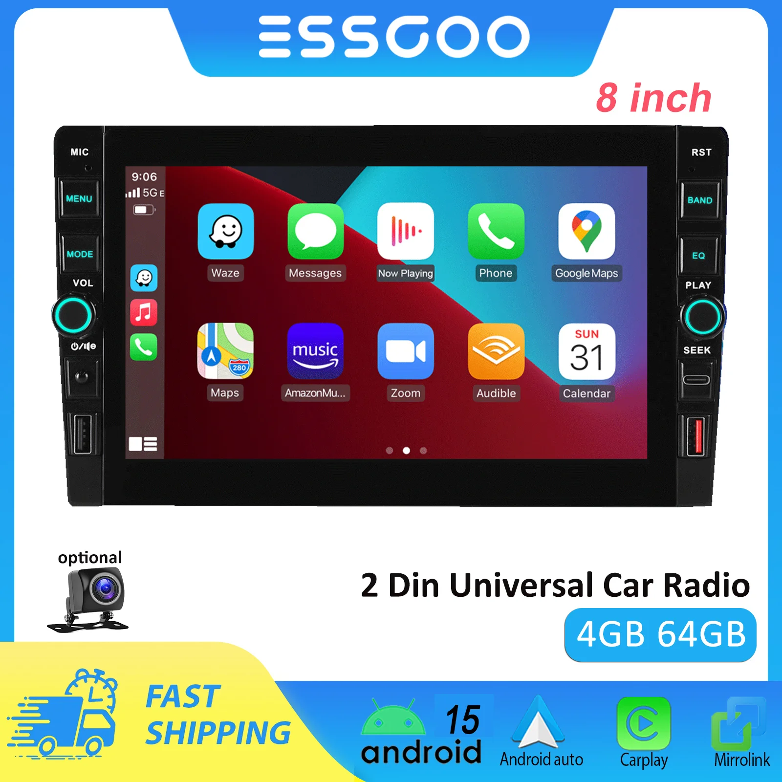 ESSGOO 8 Zoll Universal Android Autoradio 2Din Multimedia-Player Kabellos Kabelgebunden Carplay Android Auto GPS 4GB 64GB Autoradio Stereo