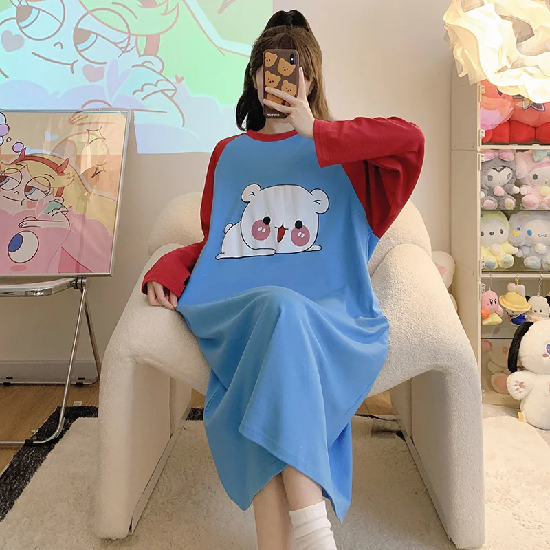 New Spring Summer Cotton Women\'s Pajamas Cute Long-sleeved Nightdress Cartoon Print Dress Home Service