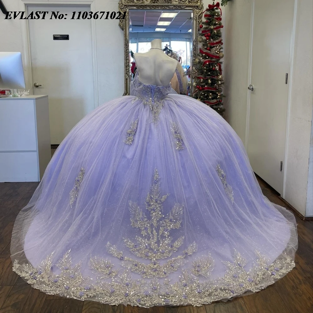 EVLAST Elegancka fioletowa suknia Quinnceanera Suknia balowa Błyszcząca koronkowa aplikacja Frezowanie Meksykański gorset Sweet 16 Vestidos De 15 Anos SQ687