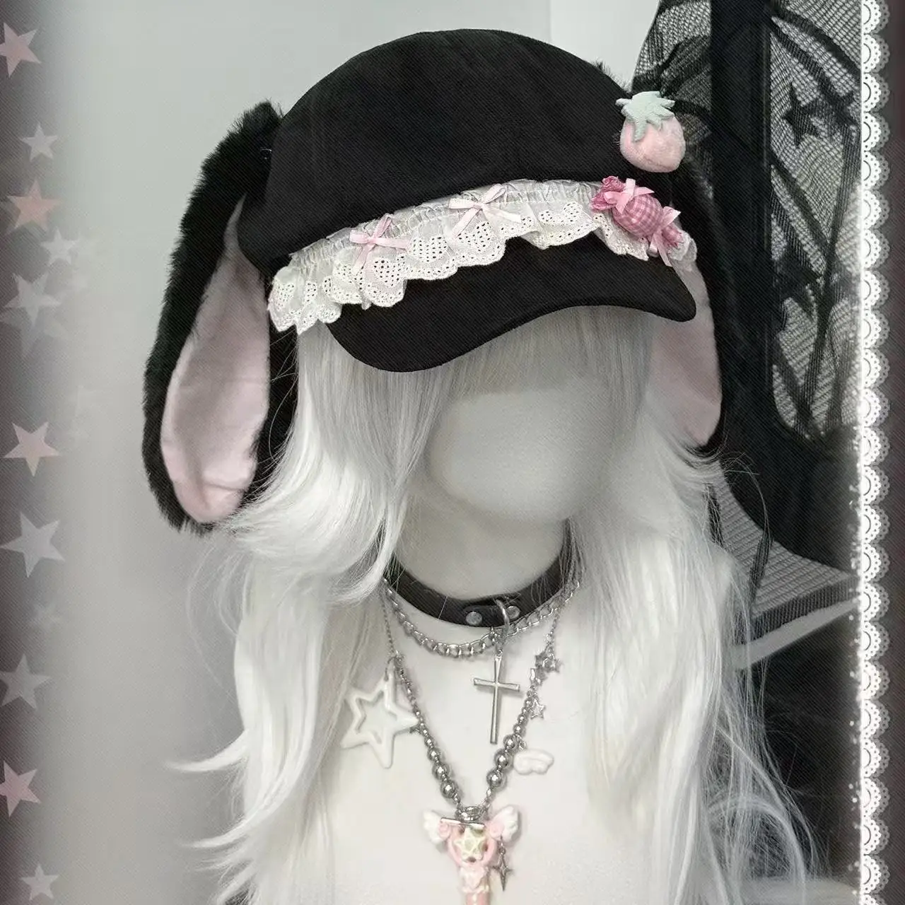 딸기 토끼 귀 하라주쿠 고딕 로리타 베레모 Y2K 펑크 레이스 리본 장식 소녀 귀여운 팔각형 모자