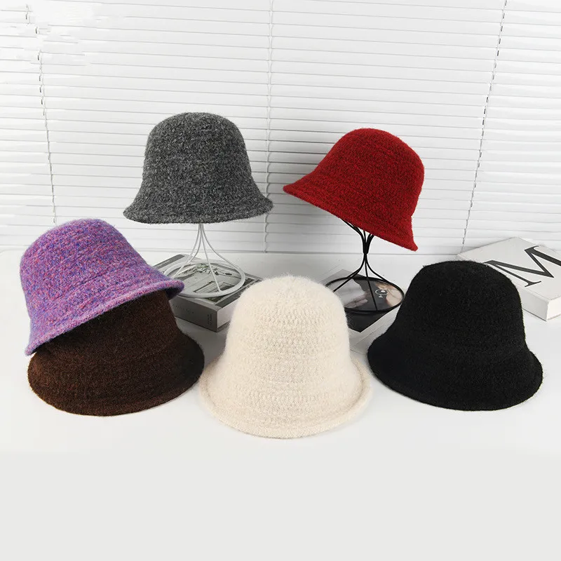 

Вязаная рыбацкая шапка в корейском стиле для женщин, теплая панама, осенне-зимняя однотонная шапка-тазик, уличные шапочки, головной убор