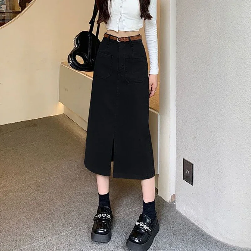 Korean Slim Fit Cargo Long Skirt Women Fashion with Belt High Waist Split Straight Skirt Woman All-Match Pockets Midi Faldas New