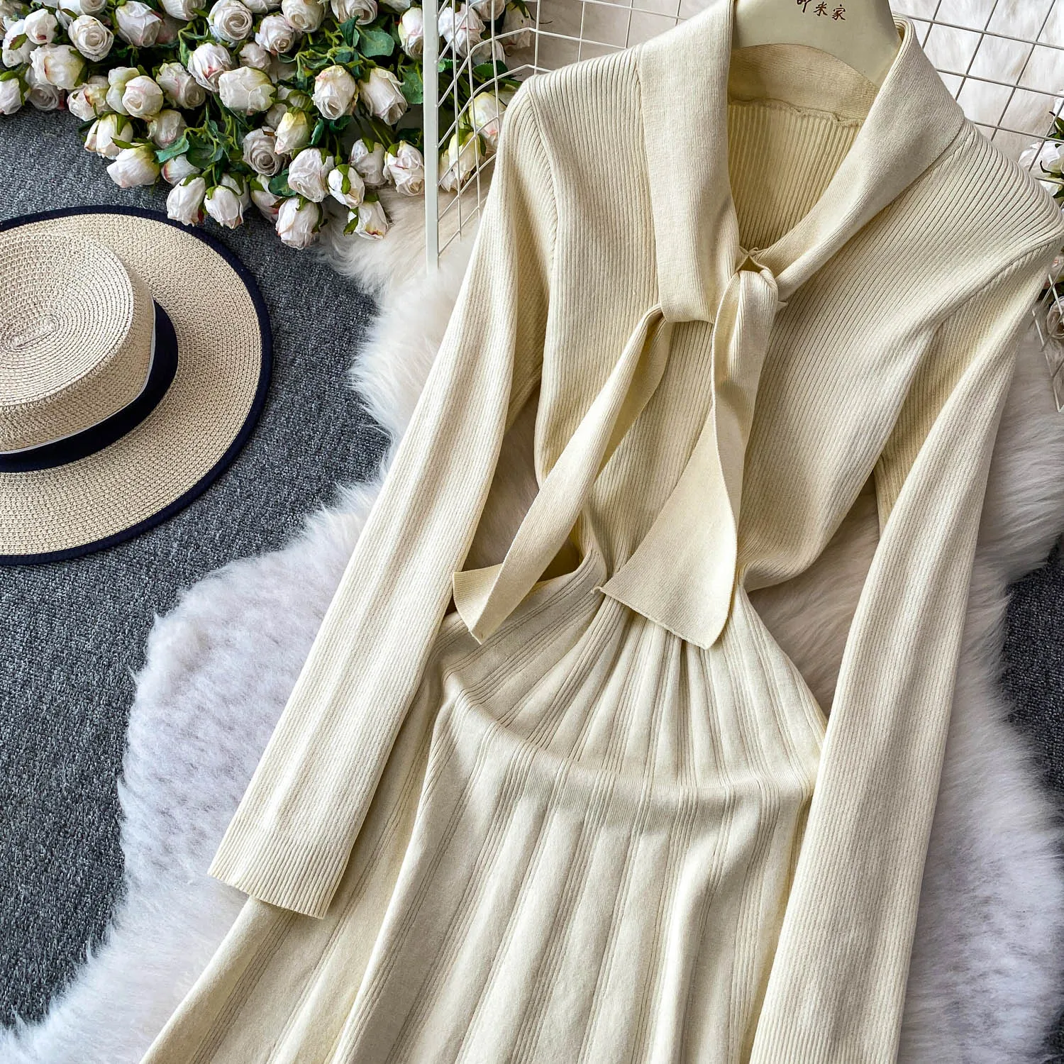 세련된 빈티지 섹시한 v 넥 긴 소매 슬림 우아한 요정 한국 패션 Boho Sundress 여성 의류