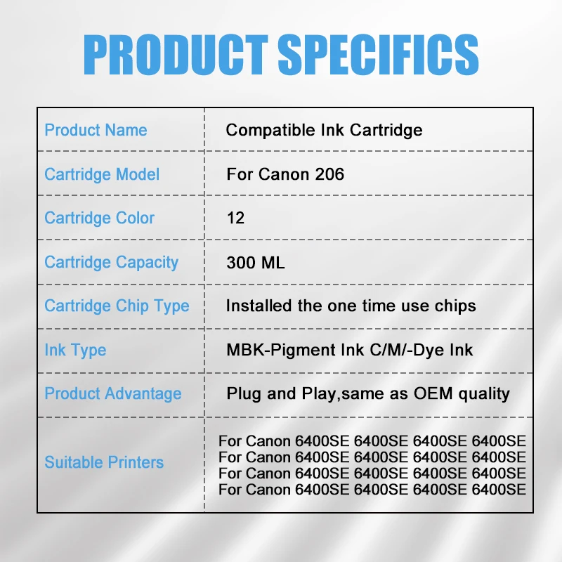 PFI206 PFI 206 Compatible Ink Cartridge With Pigment Ink Chip For Canon iPF6460 6410S 6400 6400SE 6450 Printer Ink Cartridge