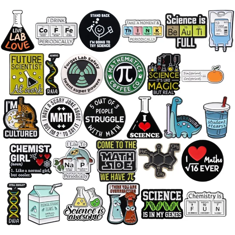 Coleção de Pins de Esmalte com Temas de Matemática e Química, Broches e Emblemas para Estudantes de Laboratório de Ciências, Joias com Temas da Tabela Periódica e Trocadilhos, Presente para Professores