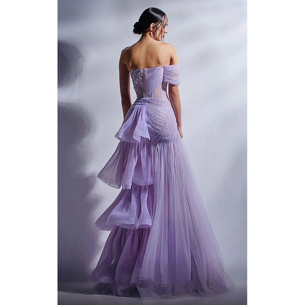 Light Purple Single Shoulder Sleeved Sheer A-Line Evening Dress New Fashion Female Formal Banquet Party Prom Gowns