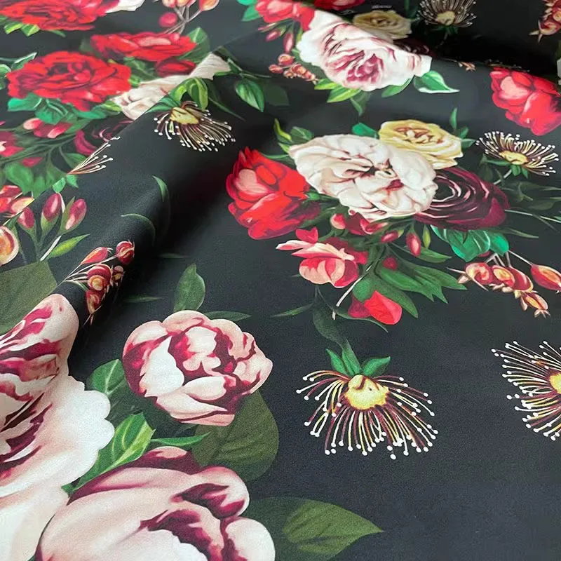 Red and Pink Peony Flower Printed Satin Or Poplin Cotton Fabric For Sew Women's Summer Dress Blouse DIY Cloth Sewing Material