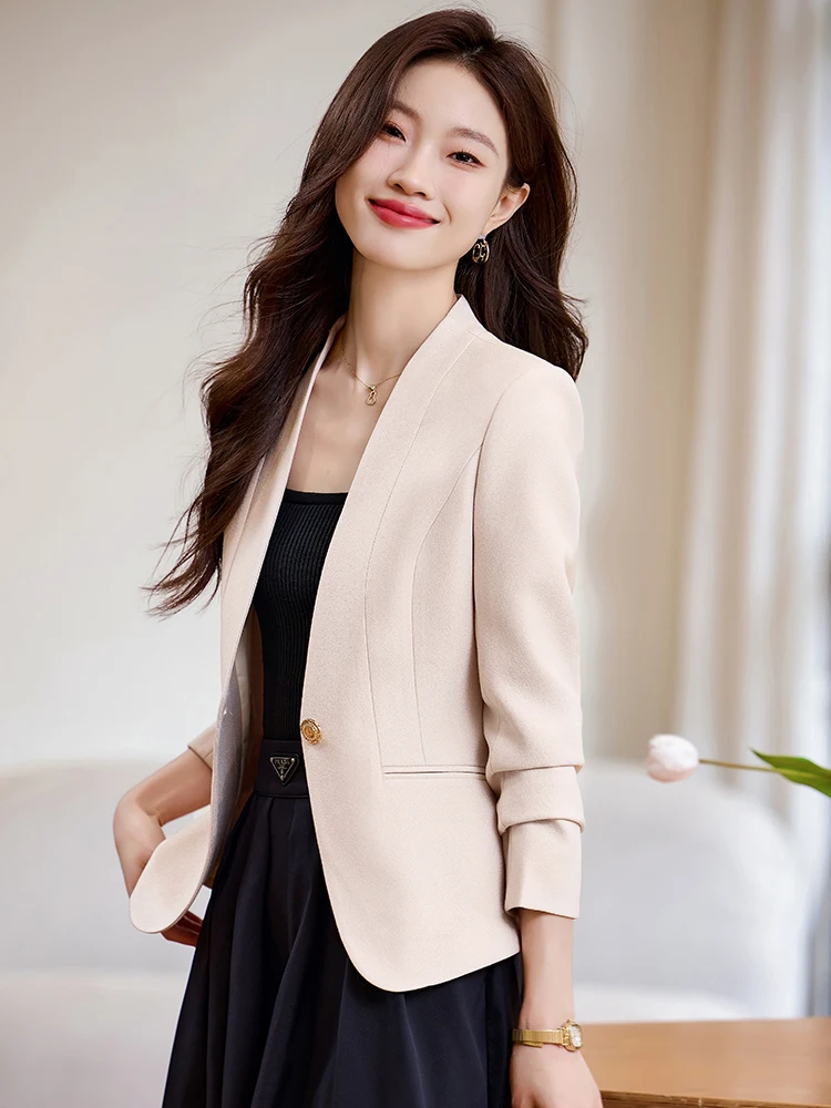 Cherry Blossom Color Lapelless Women's Suit Jacket Premium Feel Slimming Casual Style Long Sleeve V-Neck Polyester Blend