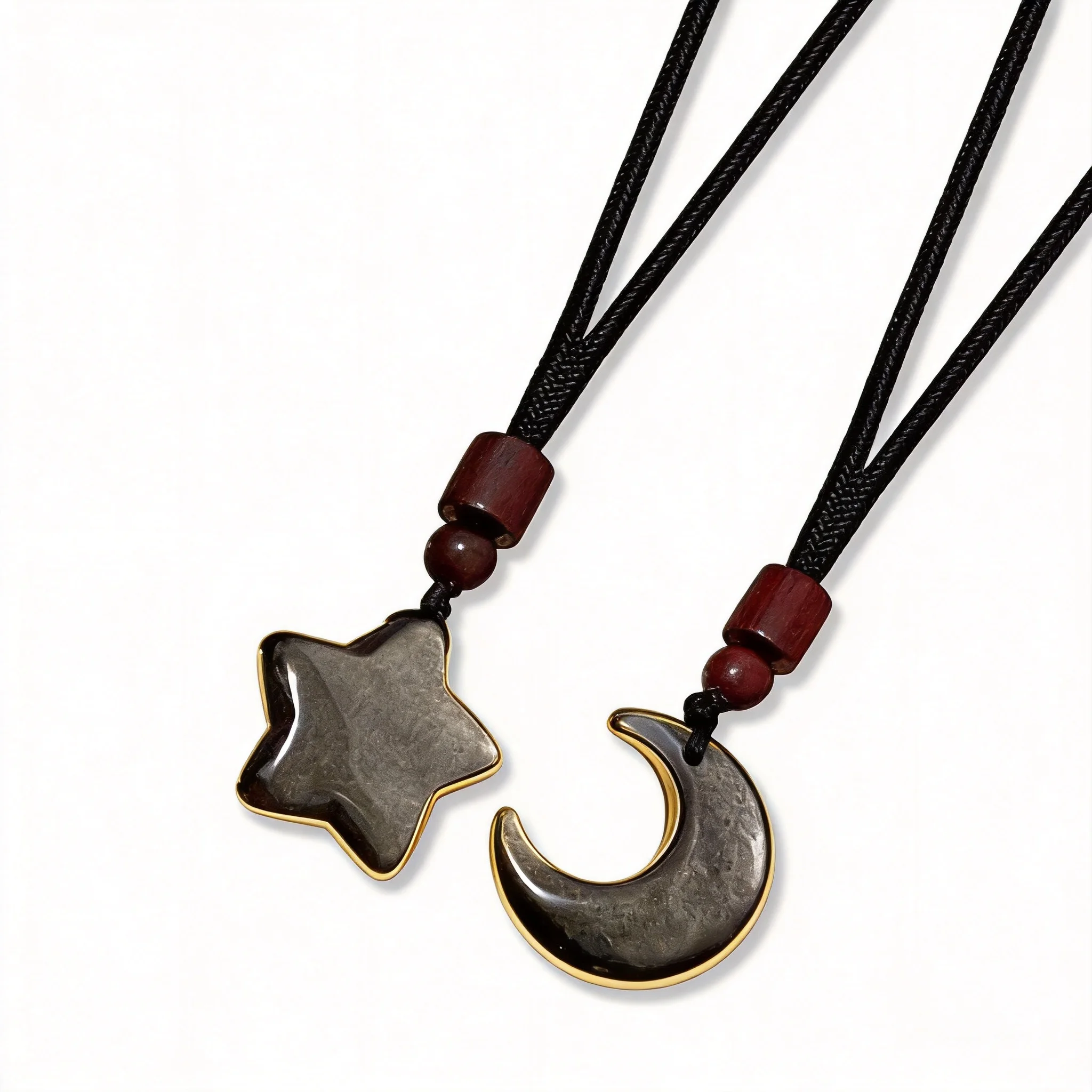 Chinese Style Lucky Amulet Silver Obsidian Star Moon Couple Necklace Minimalist Light Luxury Blessing Wealth Attracting Good For
