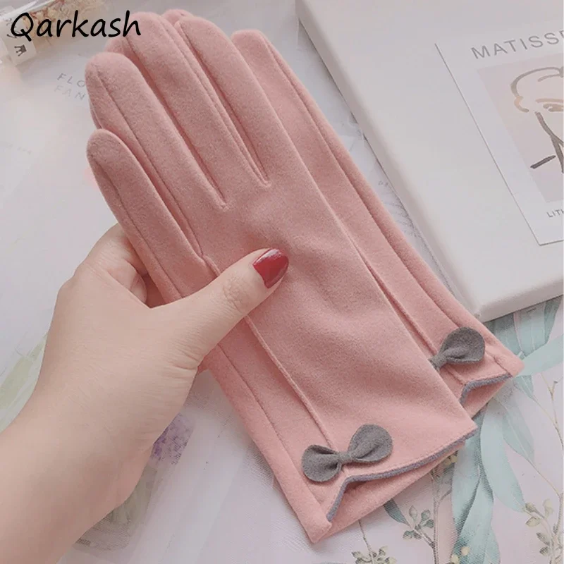 

Перчатки Kawaii с бантом, женские велосипедные перчатки, сохраняющие тепло, мягкие милые толстые варежки для девочек, весенне-осенние корейские уличные зимние ветрозащитные перчатки для вождения