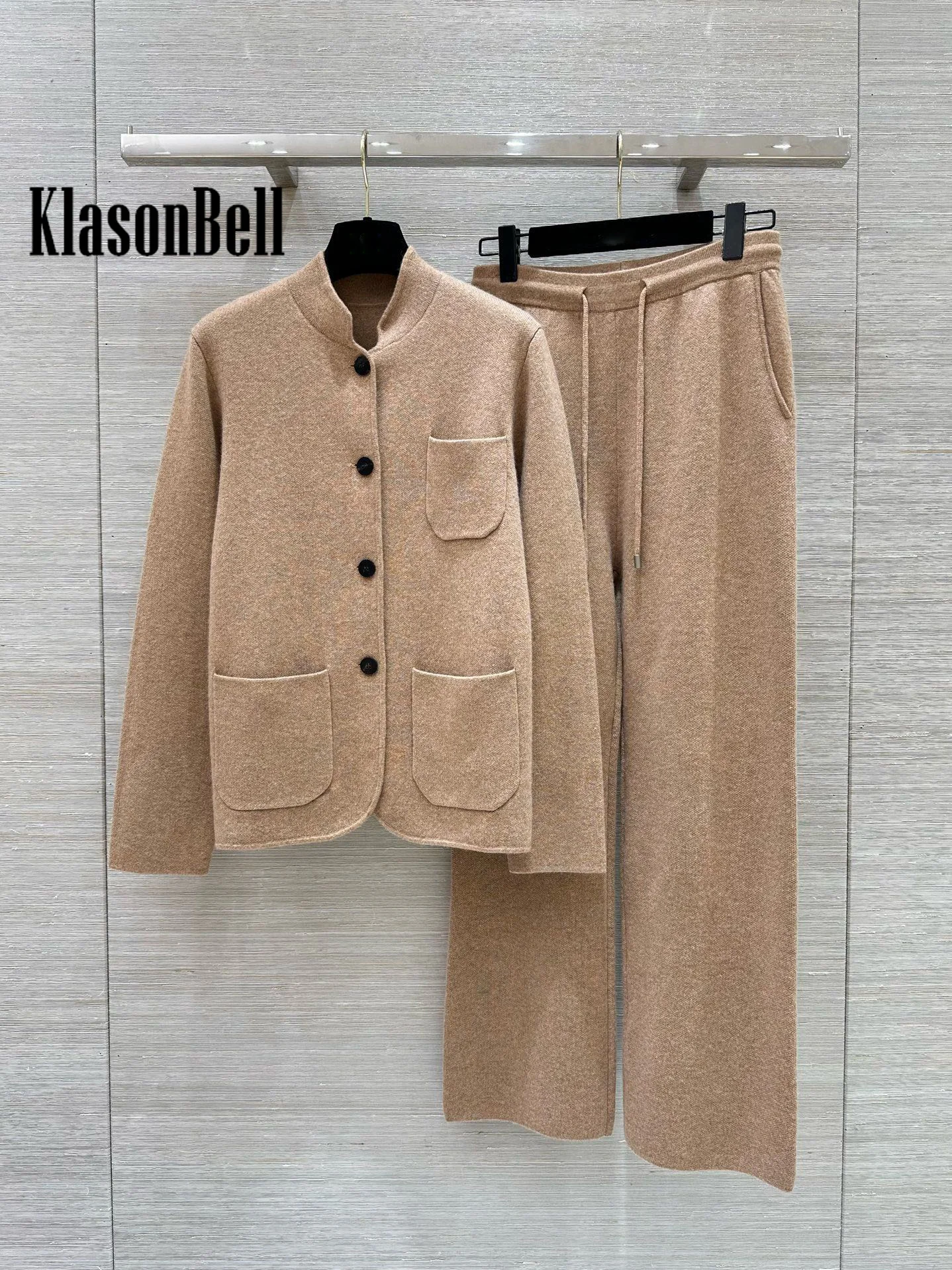 8.22 KlasonBell Women Temperament Cashmere Knit 2 Piece Set Three Pocket Single Breasted Cardigan + Lace-up Straight Pants