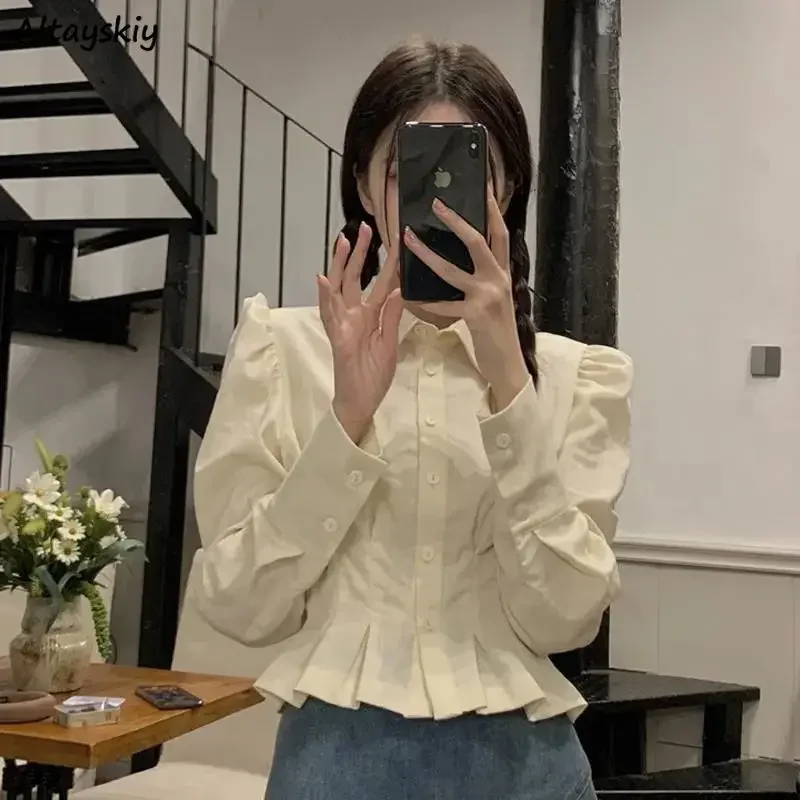 

Cropped Shirts Women Folds Design Sweet Retro Classic French Style Girlish Spring New Tender Holiday Basic Camisas Young Fashion