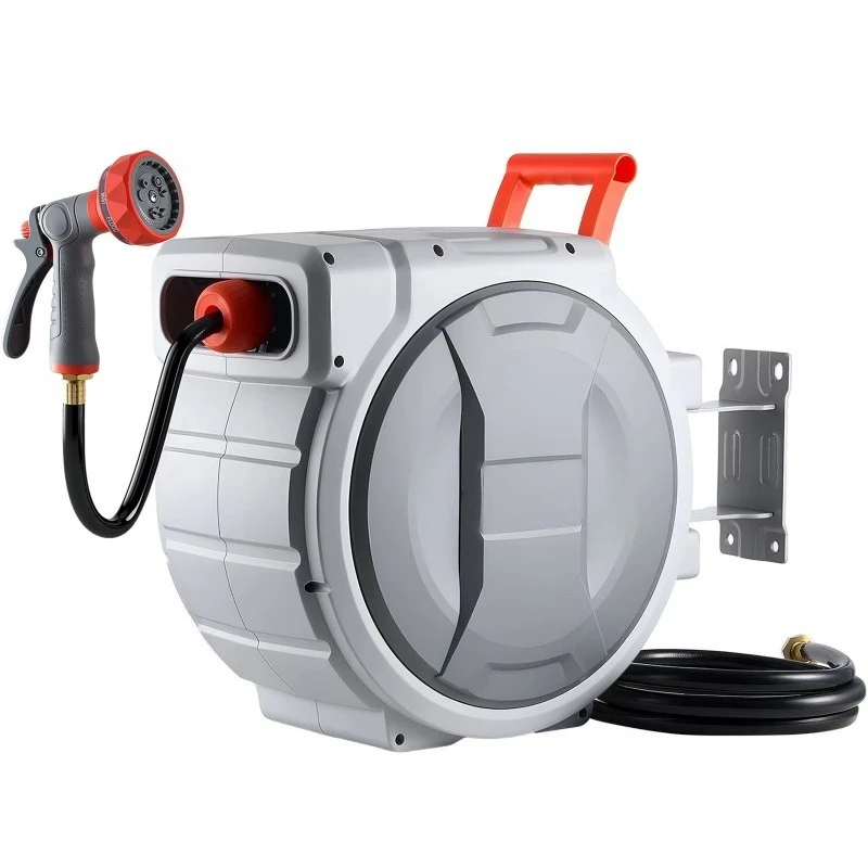 Retractable wall-mounted garden hose reel, 1/2 inch X 100 feet, with 9-function nozzle and 180-degree rotation