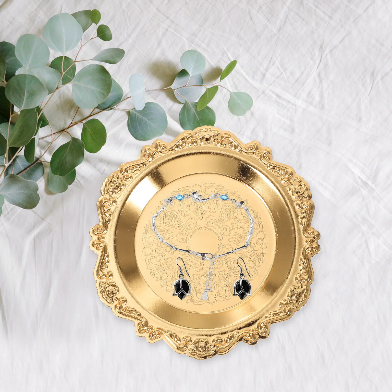 Golden Vintage Jewelry Tray Round Desktop Organizer for Rings Earrings Necklaces Home Decor Gift Wedding Anniversary Valentine's