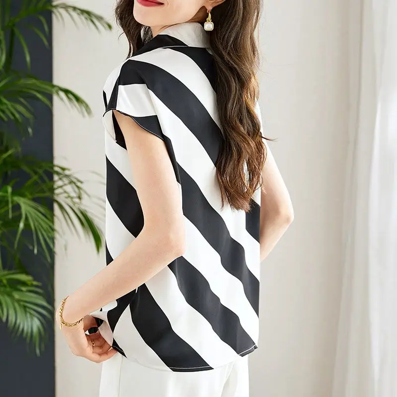 Women Summer Simplicity Loose Office Lady Striped Chiffon Polo-Neck Short Sleeve Shirts Women Clothes Casual All-match Thin Tops