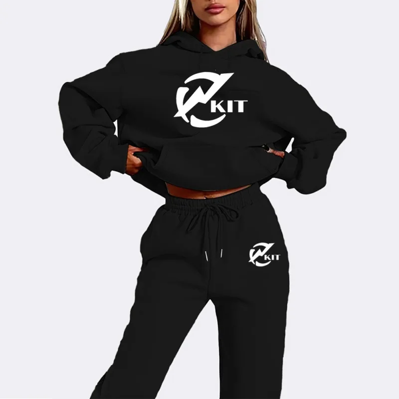 2026 ai Printing High Quality Women Monochrome Hooded Hoodie Set Casual Two-Piece Set New Fashion Hot sweatpants tracksuit
