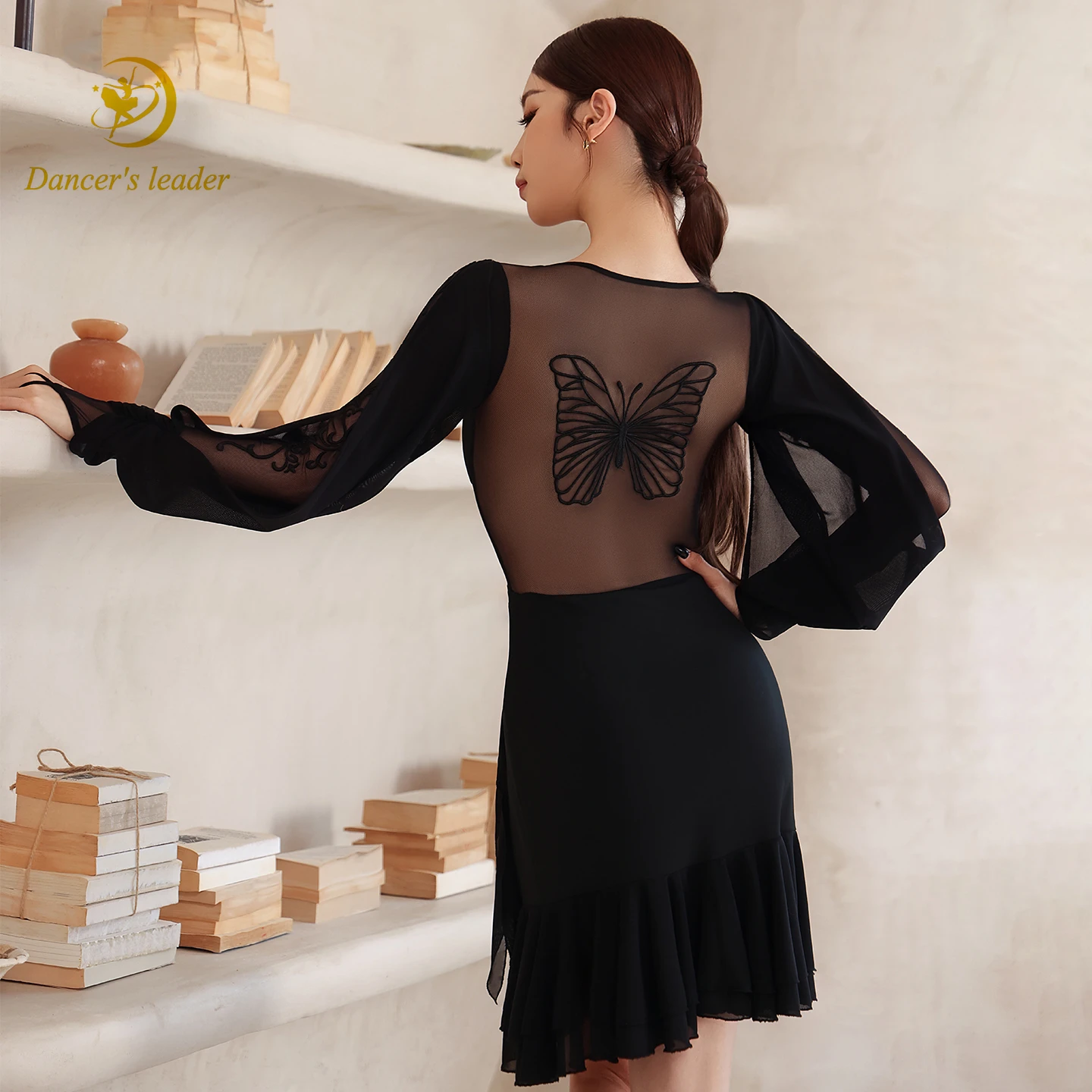 

Latin Dance Adult Children'S Dress High-End Trumpet Sleeves Butterfly Embroidery Tango Women'S Professional Clothing