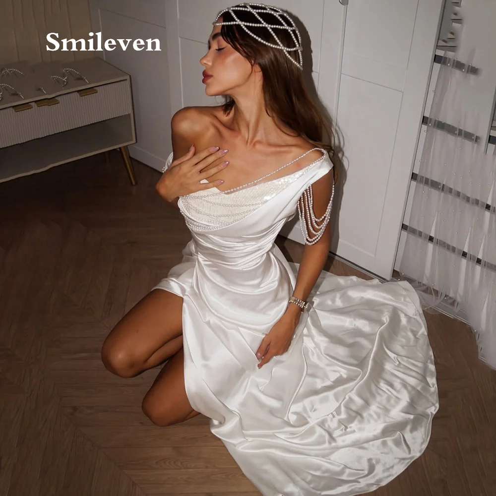 Smileven White Mermaid High‑Slit Wedding Dresses One‑Shoulder Pearl Chain Tassel Bridal Dress Draped Ruched Gowns Customizd 2026