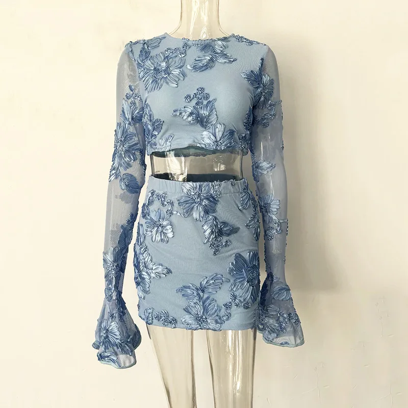 Summer Fashion Women Suits Embroider Flower Hollow Out Long Sleeve Tops Elastic Skirts Set Female Two Piece Sets Womens Outifits