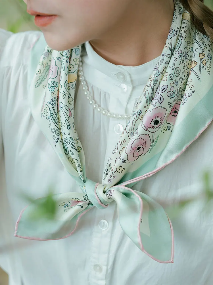 

Original Double-Sided Print Silk Twill Square Scarf Zhou Xiaodou Series Field Walk Macaron Pink Green Spring Summer Women's F...