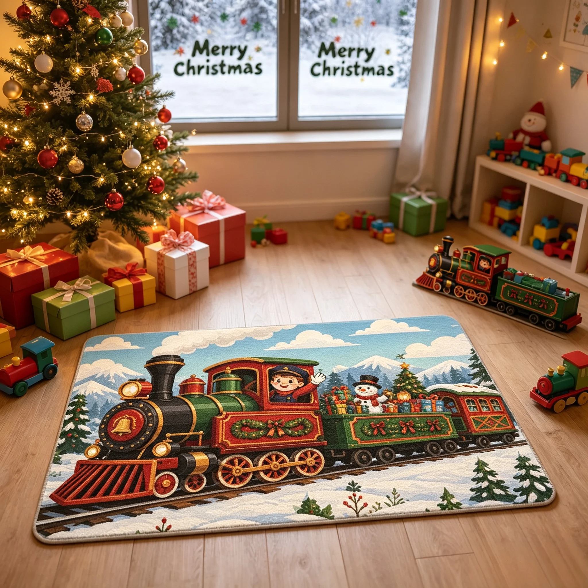 Holiday Kids Train Xmas Floor Rug Steam Train Snowman Gift Pine Mountain Pattern Mat Indoor Lounge Winter Home Garnish