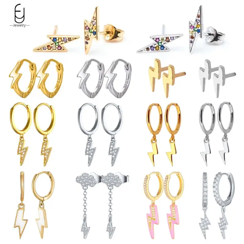 925 Sterling Silver Needle Vintage Gold Earrings for Women Fashion Lightning Pendant Hoop Earrings Wedding High Luxury Jewelry