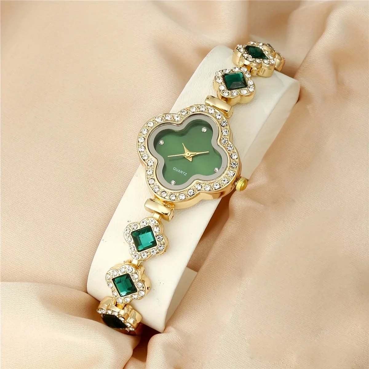 2pcs/set Women's Watch Luxury Rhinestone Clover Pointer Quartz Watch Steel Band Bracelet Wrist Watch & LOVE Bangle, Gift For Her
