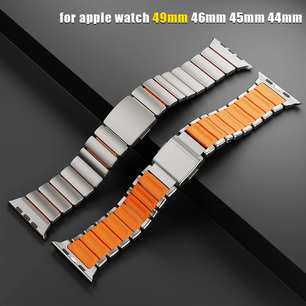 

Titanium Fluoroelastomer Rubber Strap for Apple Watch Ultra 3 2 49mm Magnetic Band for Iwatch 10 11 46mm 9 8 7 45mm 6 SE 3 44mm