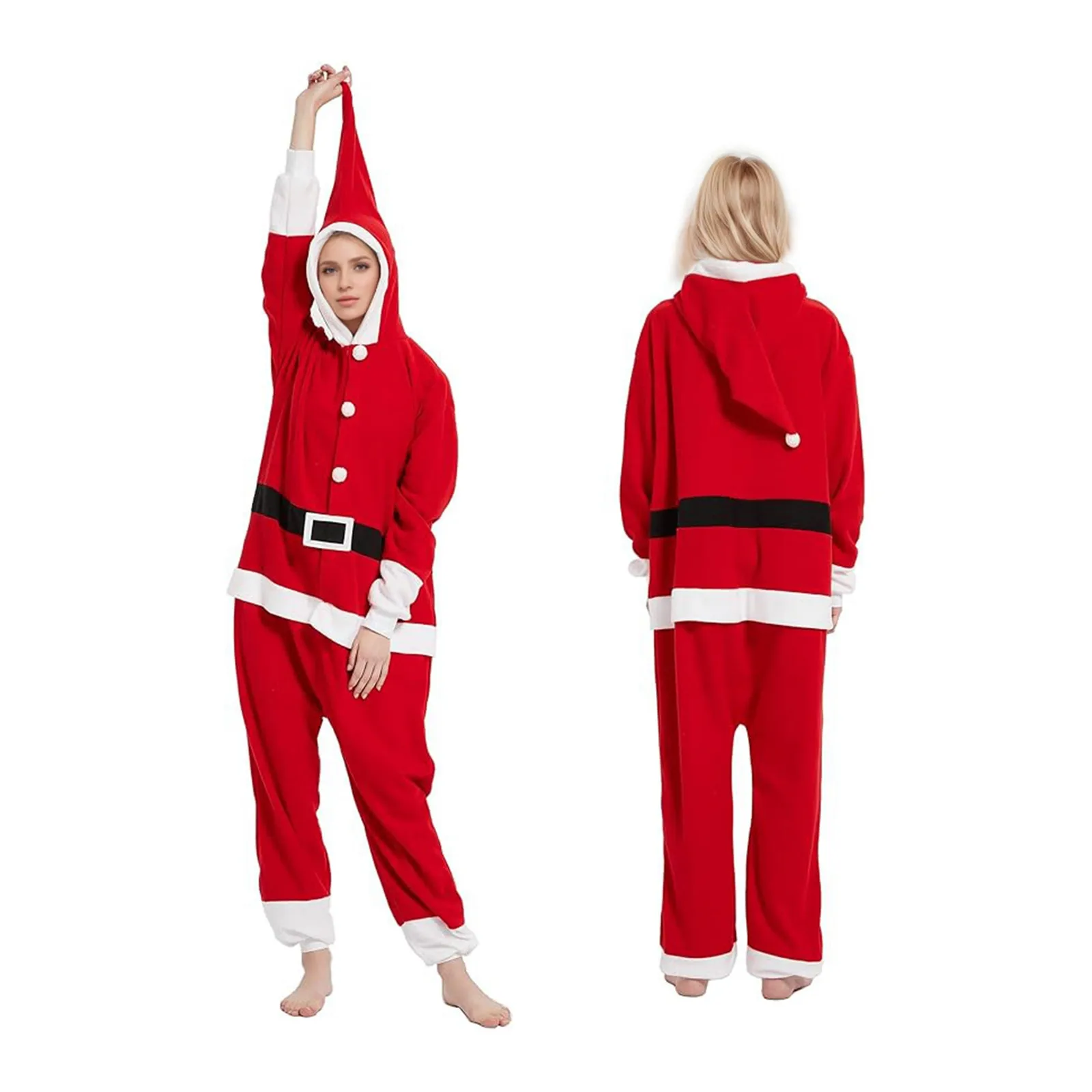 Santa Claus Sleepwear Costume New Year Party Cosplay Red Clothes Men Women Autumn Winter One-Piece Warm Hooded Pajama Christmas