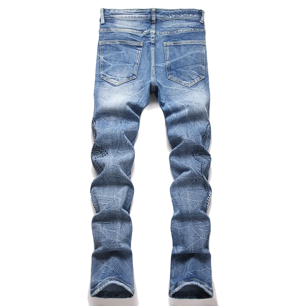 Men's Boot Cut Denim Jeans Streetwear Rivet Crystal Rhinestone Printed Pants Slim Flared Blue Stretch Trousers