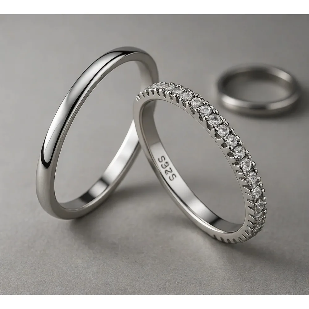 

Два тонких штабелируемых кольца из стерлингового серебра с покрытием из белого золота, обручальные кольца с частичным покрытием фианитами, размер 5-10